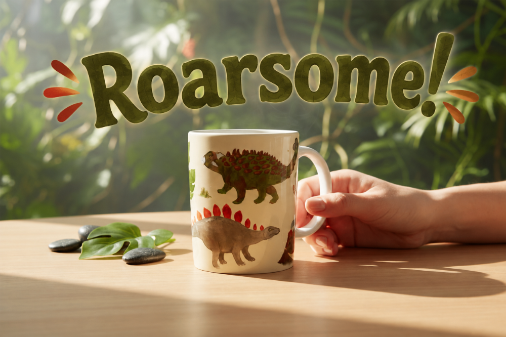 A hand holds a ceramic mug printed with dinosaur illustrations, set on a wooden table with green foliage in the background. Large text reading 'Roarsome!' appears above the mug.